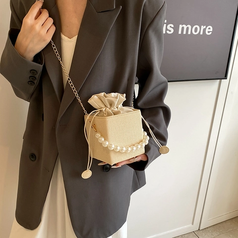 Women Woven Bucket Bag With Artificial Pearl Handle And Gold Chain Strap Square Cube Crossbody Handbag Drawstring Closure Small