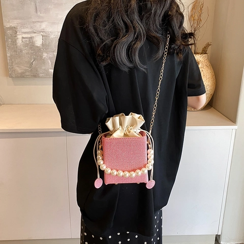 Women Fashion PU Bucket Bag With Artificial Pearl Handle Elegant Woven Texture Crossbody Bag Gold Chain Drawstring Handbag
