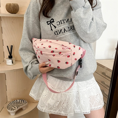 Marsupio In Velluto A Coste Donna Stampa Fragola Borsa Da Petto Grande Capacità Tracolla Regolabile Casual Kawaii