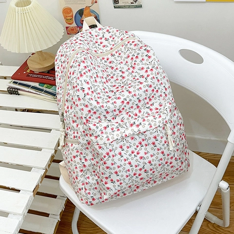Japanese Style Floral Print Canvas Backpack For Women Girls Lightweight Student School Bag Casual Travel Rucksack Daypack