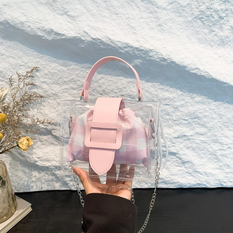 Damen Transparent PVC Jelly Umhängetasche Mit Gingham Kordelzug Innentasche Mode Metallkette Umhängetasche Tragetasche