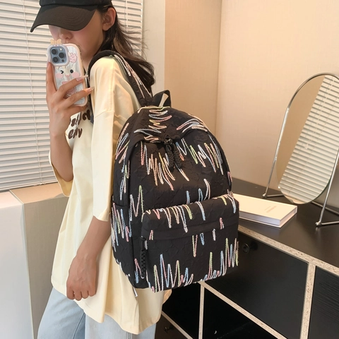 Fashion Nylon Backpack For Women Large Capacity School Bag With Colorful Wave Embroidery And 3D Embossed Texture Casual Travel Knapsack