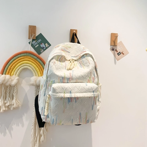 Fashion Nylon Backpack For Women Large Capacity School Bag With Colorful Wave Embroidery And 3D Embossed Texture Casual Travel Knapsack
