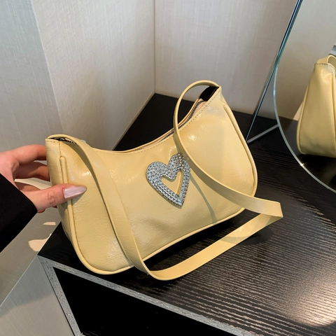 Rhinestone Heart Underarm Shoulder Bag Glossy PU Leather Solid Color Y2K Style Small Crossbody Handbag For Women