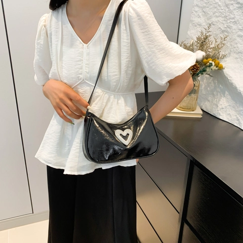 Rhinestone Heart Underarm Shoulder Bag Glossy PU Leather Solid Color Y2K Style Small Crossbody Handbag For Women