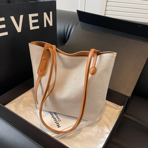 Borsa Tote da Donna Casual Grande Capacità in Tela Pelle PU Patchwork Minimalista Borsa a Tracolla per Pendolarismo Lavoro Quotidiano