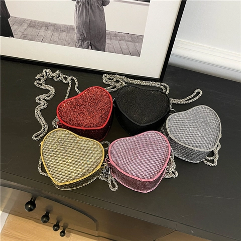 Damen Mini Herzform Strass Umhängetasche Glitzernde Pailletten Kette Schultertasche Party Abend Clutch Handtasche