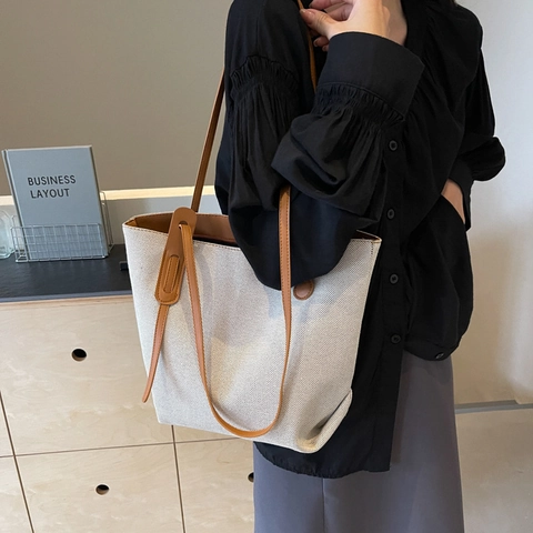 Borsa Tote da Donna Casual Grande Capacità in Tela Pelle PU Patchwork Minimalista Borsa a Tracolla per Pendolarismo Lavoro Quotidiano