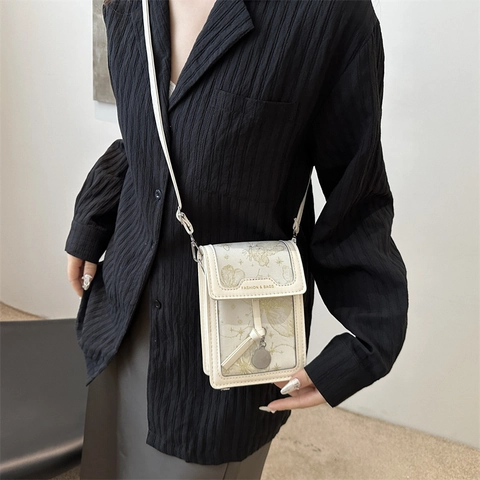 Damen Schmetterling Stickerei PU Leder Handytasche Mini Quadratische Umhängetasche Mit Metall Rund Anhänger