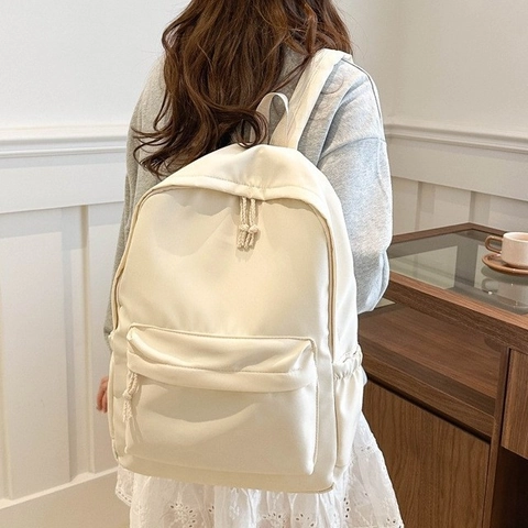 Minimalist Women Large Capacity Backpack Lightweight PU Leather School Bag Casual Travel Daypack With Rope Zipper Pull