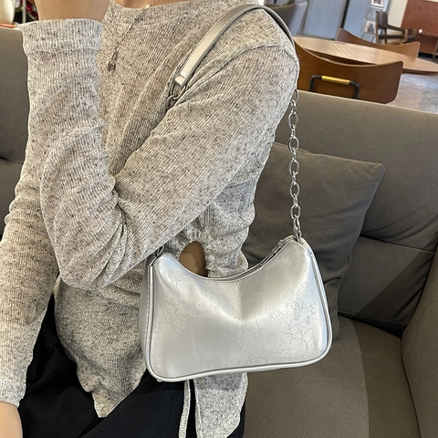 Bolso de Axila para Mujer de Cuero PU Moda Minimalista Color Sólido Bolso Hobo Con Correa de Cadena de Metal Plateado