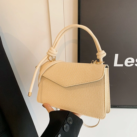 Fashion Woven Texture PU Leather Small Square Bag For Women Rope Knot Handle Shoulder Crossbody Bag With Gold Hardware