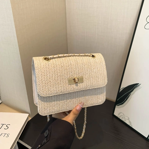 Woven Shoulder Bag For Women Fashion Herringbone Pattern Small Square Chain Bag Casual Commuter Flap Handbag With Lock