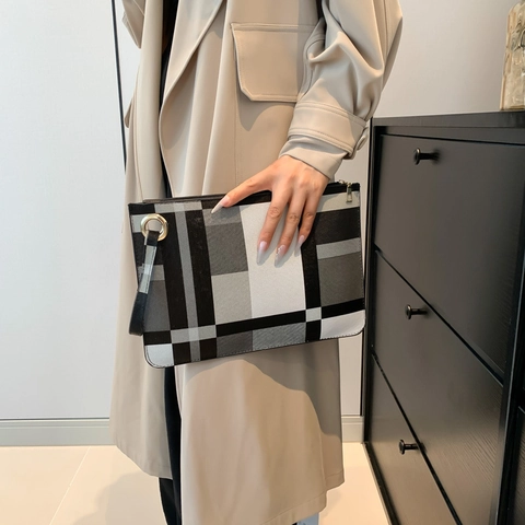 Γυναικείο Τσαντάκι Φάκελος PU Leather Μεγάλης Χωρητικότητας Trendy Color Block Καρό Σχέδιο Τσάντα Χειρός Με Λουράκι Καρπού Κορεατικό Στυλ