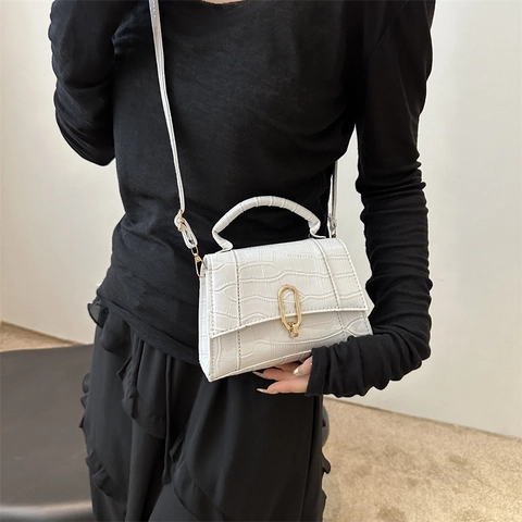 Minimalistische PU Leren Schoudertas Met Krokodillenreliëf Voor Dames Glanzende Metallic Vierkante Handtas