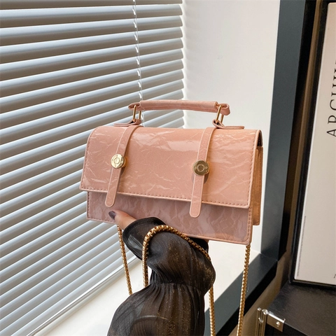 Vintage Wrinkled PU Leather Small Square Bag For Women Gold Chain Shoulder Crossbody Bag Niche Design Handbag Gift