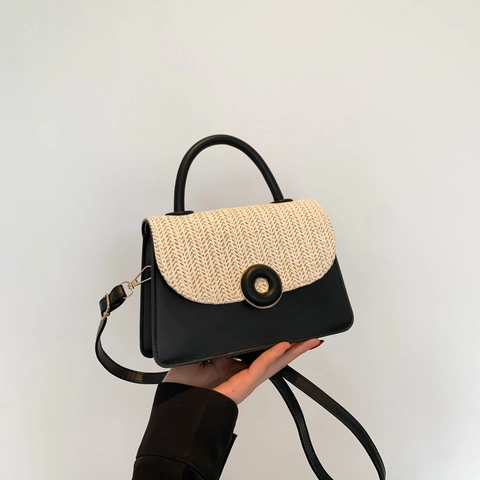 Borsa A Tracolla Da Donna In Pelle PU E Paglia Intrecciata Borsa A Mano Piccola Quadrata Con Fibbia Rotonda Stile Estate