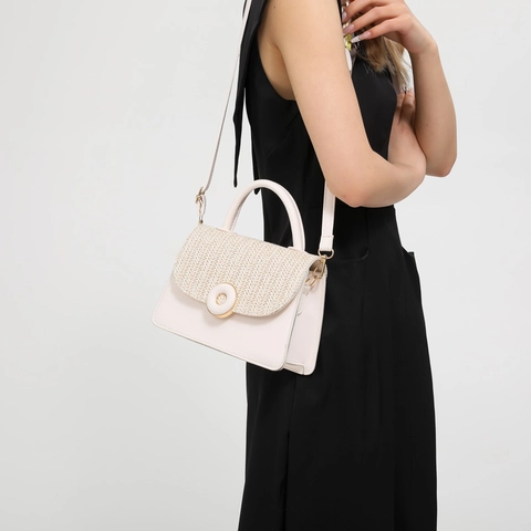 Borsa A Tracolla Da Donna In Pelle PU E Paglia Intrecciata Borsa A Mano Piccola Quadrata Con Fibbia Rotonda Stile Estate