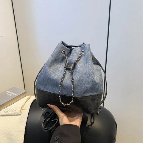 Trendy Women Bucket Bag Summer Patchwork Chain Design Drawstring Shoulder Backpack PU Leather Casual Travel Handbag Minimalist
