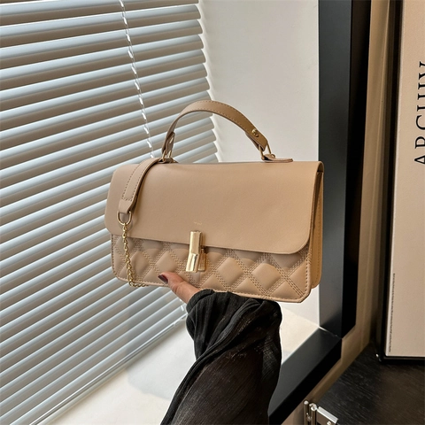 Women Quilted Shoulder Bag Fashion PU Leather Crossbody Bag With Metal Chain Strap Top Handle Handbag Daily Square Bag