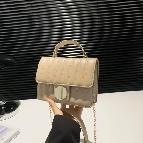 Women PU Leather Vertical Quilted Square Bag With Gold Round Lock Handle Chain Strap Crossbody Handbag Versatile Trend