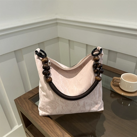 Bolso Tote Vintage con Textura Arrugada para Mujer Con Asa de Cuentas de Madera Bolso de Hombro Simple de Moda para Diario Casual