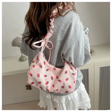 Borsa a Spalla da Donna in Velluto a Coste con Motivo a Fragola Tracolla Arricciata Fiocco Dolce Borsa Hobo