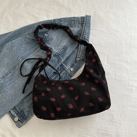 Borsa a Spalla da Donna in Velluto a Coste con Motivo a Fragola Tracolla Arricciata Fiocco Dolce Borsa Hobo