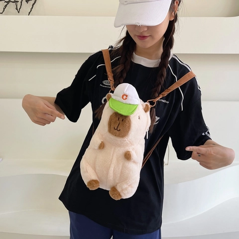 Cute Plush Capybara Backpack For Kids Cartoon Animal Shaped Shoulder Bag With Hat Accessory For Boys Girls White Pink