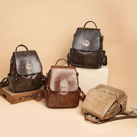 Women Retro Backpack PU Leather Flap Golden Swan Metal Decor Fashion Multi Way Shoulder Bag Casual