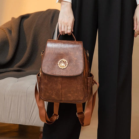 Women Retro Backpack PU Leather Flap Golden Swan Metal Decor Fashion Multi Way Shoulder Bag Casual