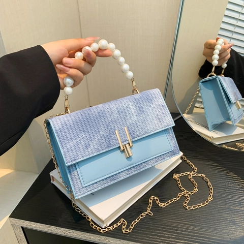 Borsa A Tracolla Donna In PU Intrecciato Manico In Künstliche Perle Catena In Metallo Quadrata Elegante