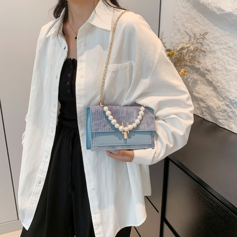 Borsa A Tracolla Donna In PU Intrecciato Manico In Künstliche Perle Catena In Metallo Quadrata Elegante