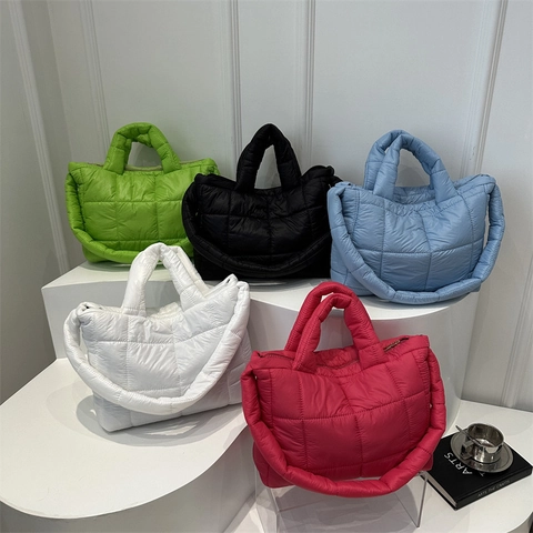 Women Quilted Puffer Tote Bag Minimalist Solid Color Casual Shoulder Bag Large Capacity Handbag Streetwear Crossbody Puffer Bag For Female
