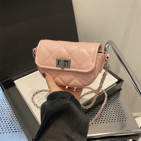 Borsa a Sella Mini Trapuntata da Donna in Pelle PU a Rombi Catena di Metallo Borsa a Tracolla Elegante Piccola Borsa Quadrata
