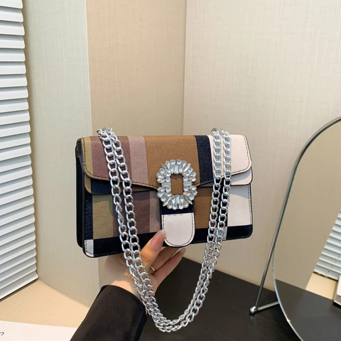 Dames Patchwork Ruit Schoudertas Luxe Strass Gesp PU Leer Ketting Crossbody Tas Vintage Feest Handtas