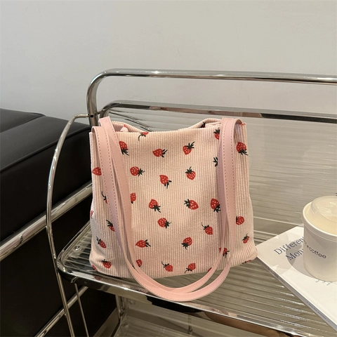 Sac Fourre-Tout En Velours Côtelé À Imprimé Fraise Grande Capacité Sac À Main Femme Style Doux Et Frais