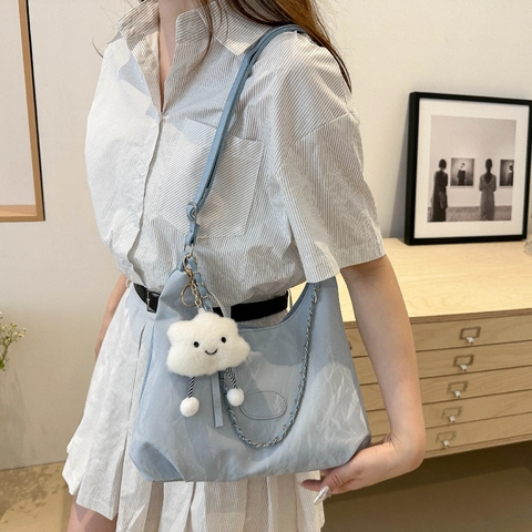 Women Pleated Hobo Shoulder Bag With Cloud Plush Charm Metal Chain Soft PU Leather Large Capacity Crossbody Trendy Tote