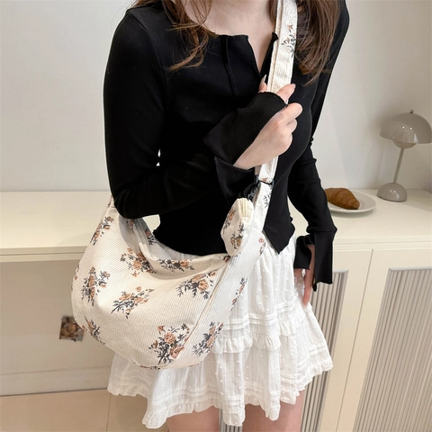 Women Retro Corduroy Floral Shoulder Bag And Round Purse Vintage Printed Hobo Bag Casual Crossbody Bag Adjustable Strap Bag