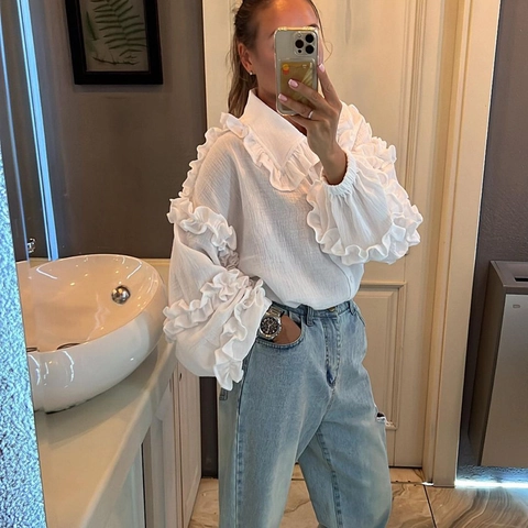 Dames Katoenen Blouse Paleisstijl Ruffles Peter Pan Kraag Wit Casual Lantaarnmouw Lange Mouw Top