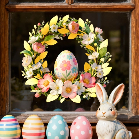 Easter Window Stickers Happy Easter Bunny Egg Flower Hedgehog Wreath Decorative PVC Wall Decals For Home Party Decor