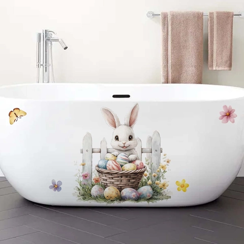 Watercolor Easter Rabbit Wall Sticker Floral Wreath Egg Decorative PVC Bathtub Decal For Home Living Room Bedroom Decor