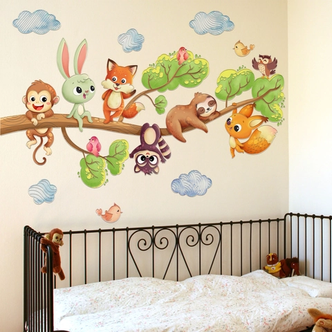 Autocollants Muraux Animaux De La Forêt Dessin Animé PVC Branches D'arbre Décoration Chambre D'enfant Adhésivo Amovible