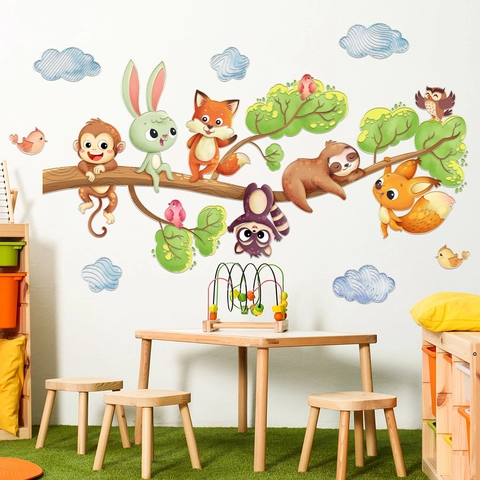 Autocollants Muraux Animaux De La Forêt Dessin Animé PVC Branches D'arbre Décoration Chambre D'enfant Adhésivo Amovible