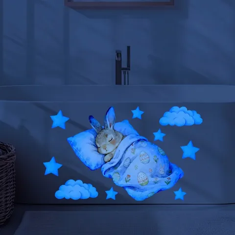 Luminous Easter Bunny Wall Stickers Glow In The Dark PVC Decals Blue Fluorescence Cartoon Style For Bedroom Bathroom