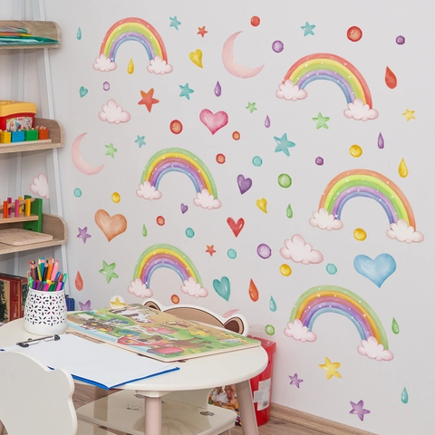 Watercolor Rainbow Wall Stickers For Kids Room Decor PVC Removable Cloud Moon Star Heart Decals For Nursery Bedroom School