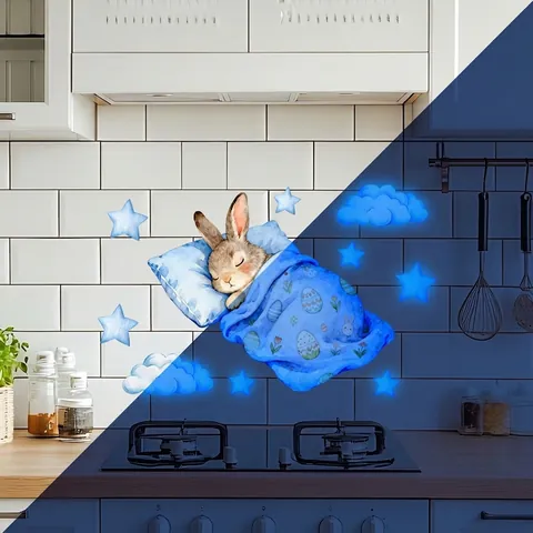 Luminous Easter Bunny Wall Stickers Glow In The Dark PVC Decals Blue Fluorescence Cartoon Style For Bedroom Bathroom