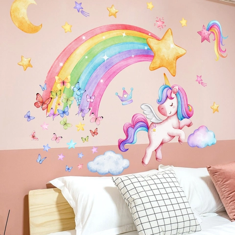 Autocollants Muraux Licorne Arc-En-Ciel Dessin Animé PVC Amovible Auto-Adhésif Décoration Aquarelle Pour Chambre D'Enfants
