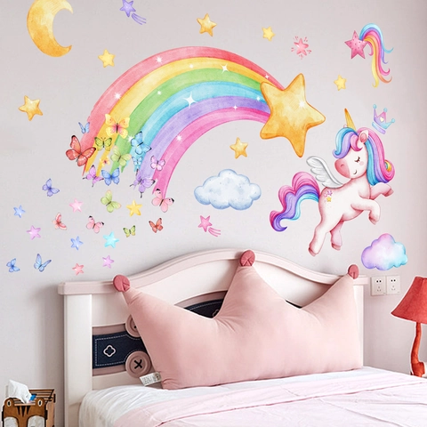 Autocollants Muraux Licorne Arc-En-Ciel Dessin Animé PVC Amovible Auto-Adhésif Décoration Aquarelle Pour Chambre D'Enfants