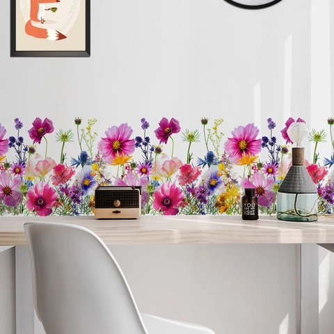 Colorful Floral Wall Stickers PVC Reusable Self Adhesive Wildflower Border For Living Room Bedroom Home Decor